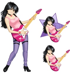 Rock Star Guitarist Asian Girl In Cartoon Style