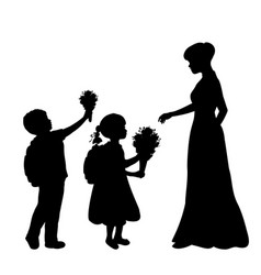 Silhouettes Boy And Girl Give Flowers