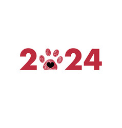 2024 Text Red Paw Prints Merry Christmas Greeting