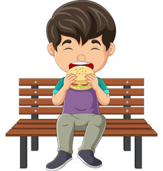 Cartoon Little Boy Eating Hamburger On Bench