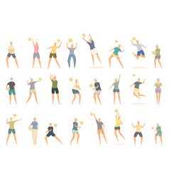 Old People Playing Volleyball Icons Set Cartoon