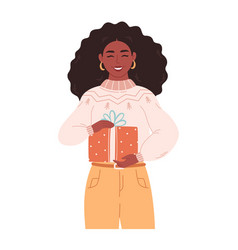 Black Woman In Sweater With Christmas Gift Merry