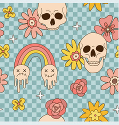 Halloween Seamless Pattern With Hippie Groovy Bony