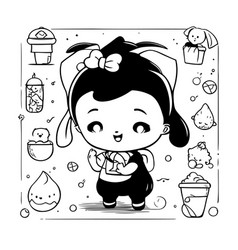 Cute Little Girl With Sweets In Black And White