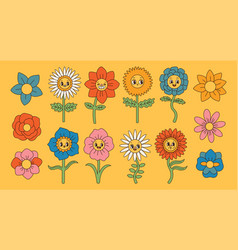 Groovy Flowers Set Retro 70s Smiling Face Flowers