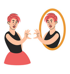 Woman Looking In The Mirror And Loves Reflection