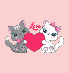 Two Cute Cartoon Cats Are Holding A Heart Text