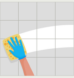 Houseworker Wiping Bathroom Tiles With Yellow