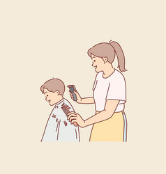 Woman Children Hairdresser Cuts Little Boy Hair