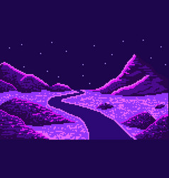 Pixel Curve Road In Night Hilly Desert Background