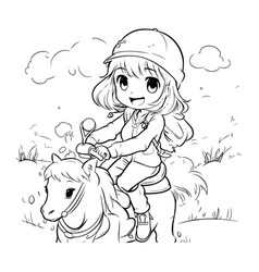 A Cute Little Girl Riding Horse In The Field