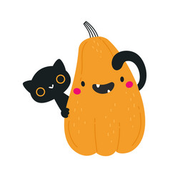 Cute Orange Pumpkin Character And Black Cat Peeped