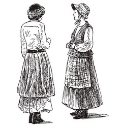 Hand Drawing Of Two Young Women In Vintage