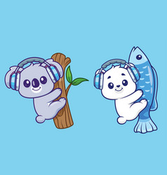 Cute Polar Bear Catching Fish Cartoon Icon