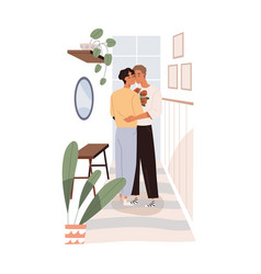 Gay Couple With Flower Bouquet Hugging At Home