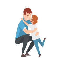 Man Crouched Down And Hugs Child Cartoon