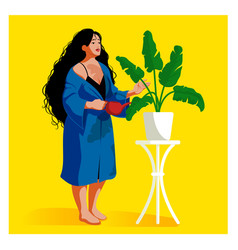 Woman In Dressing Gown With Home Plant On Vivid