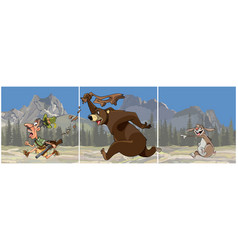 Triptych Cartoon Bear Chasing A Hunter