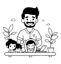 Father And Children Working On Laptop In Cartoon