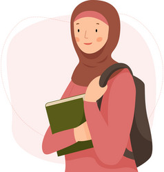 Cute Muslim Girl Student With A Backpack Holding