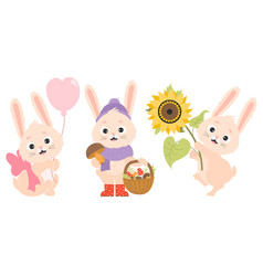 Set Of Cute Rabbits Happy Bunny With Sunflower