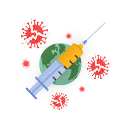 Syringe Earth Globe And Destroyed Coronavirus