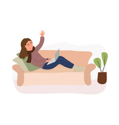 Sick Young Woman Holding Laptop Lying On Sofa