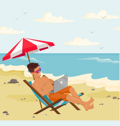 Busy Guy In Sun Lounger Is Working On Laptop