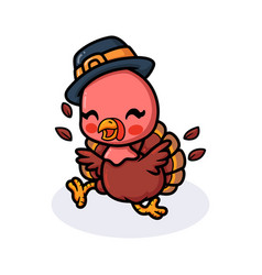 Cute Baby Turkey Cartoon In Pilgrim Hat Running