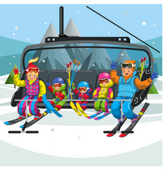 Happy Cartoon Family Riding In Ski Lift