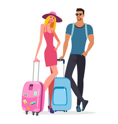 Tourist Couple Standing With Suitcases