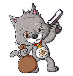 Robber Cat Holding Gun And Sitting