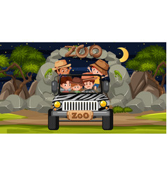 Safari At Night Scene With Many Kids In A Jeep Car