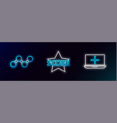 Set Line Laptop Share And Star Icon Glowing Neon