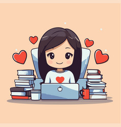 Cute Cartoon Girl Working On Laptop Computer