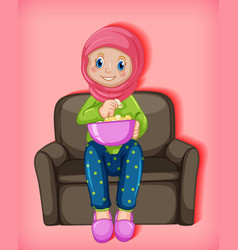 Female Muslim Cartoon On Character Eating Popcorn