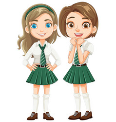 Two Cute Female Friends In School Uniform Cartoon