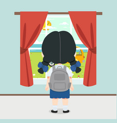 Kid Student Girl Standing Back View The Window