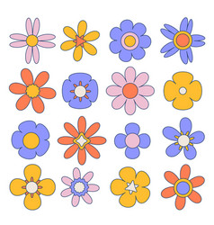 Retro Groovy Geometric Flowers Set Hippie