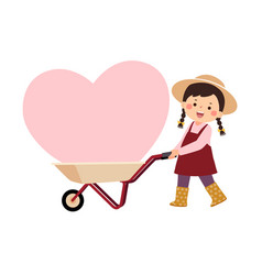 Girl Pushing Wheelbarrow With Pink Big Heart