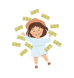 Happy Rich Girl Millionaire In Hat Throwing Dollar