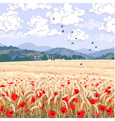 Landscape With Mountains Wheat Field And Red