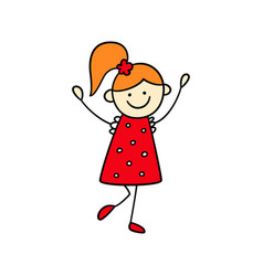 Funny Little Girl In A Red Dress With Her Hands Up