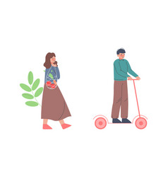 Man Riding Kick Scooter And Woman Using Eco Net