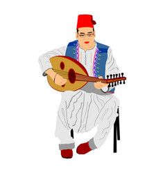 Arab Man Play Oud Lute Or Mandola Music Instrument