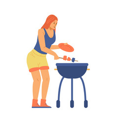 Woman Cooks Food On Grill Flat