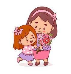 Cute Woman With Little Daughter And Bouquet