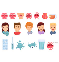 Tonsillitis Icons Set Cartoon Style