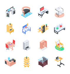 Isometric Icon Set Depicting Workspace Furniture