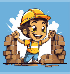 Cartoon Boy Construction Worker Building Brick